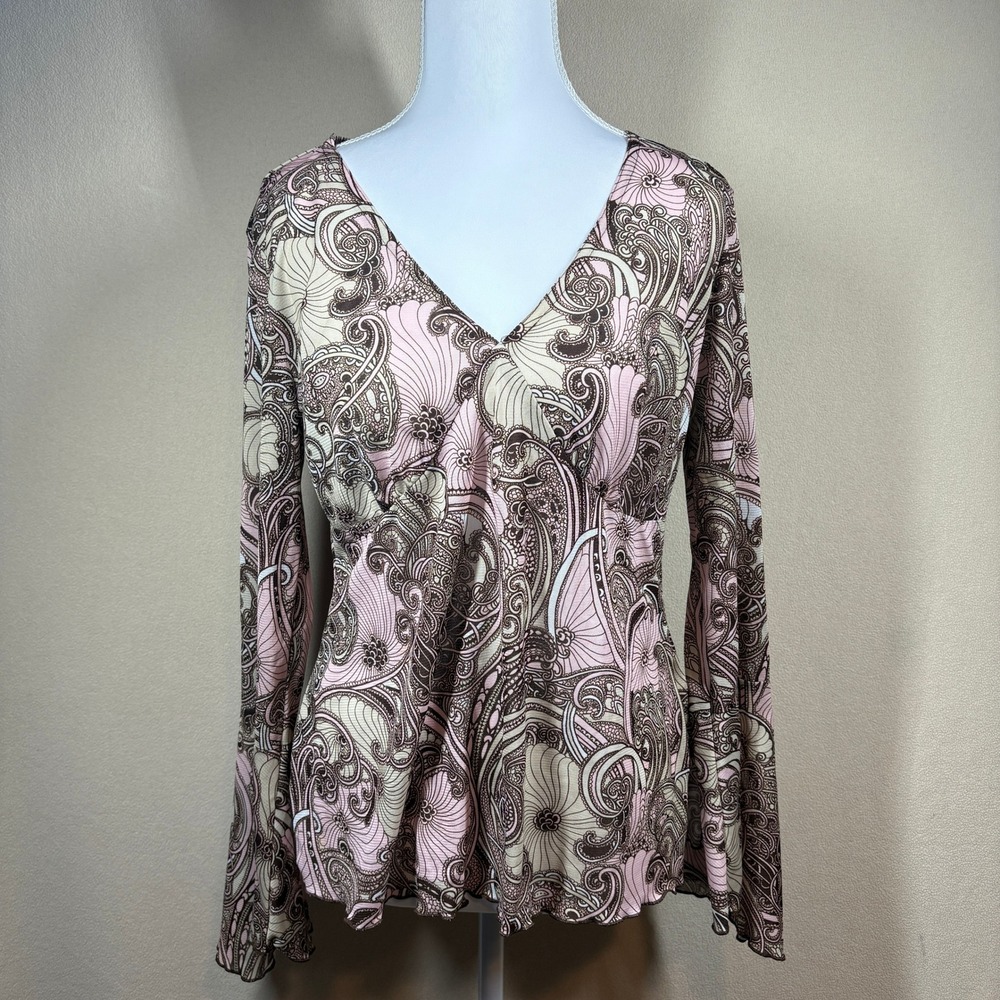 Vtg Y2K Fairy Babydoll Route 66 Women M Pink Brown Paisley‎ Bell Sleeve Top Boho